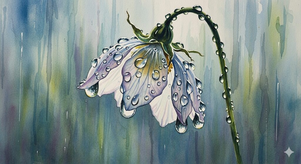 人間関係めんどくさいスピリチュアルな疲れはHSP気質かも。雨に濡れる繊細な花のイラスト。感受性の高さを水彩画で描きました。