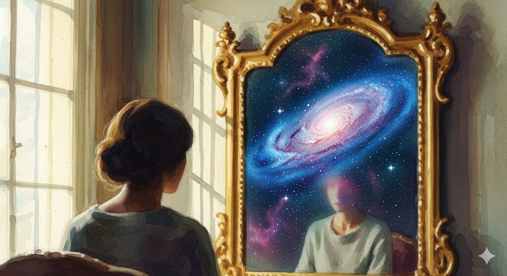 人間関係めんどくさいスピリチュアルと鏡の法則。鏡に宇宙が映るイラスト。自分の内面を見つめる様子を神秘的な水彩画で表現。