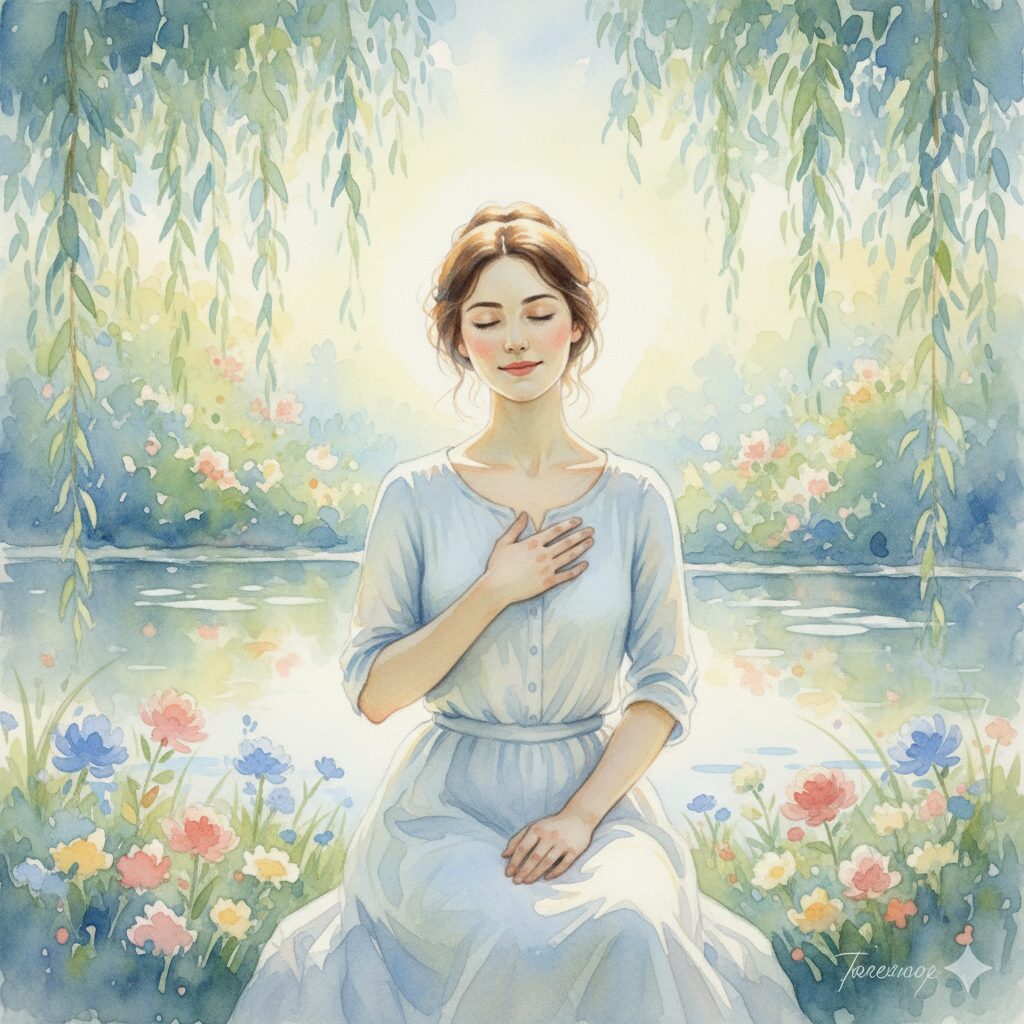 人間関係めんどくさいスピリチュアル。静かな水辺で瞑想する女性の絵画。