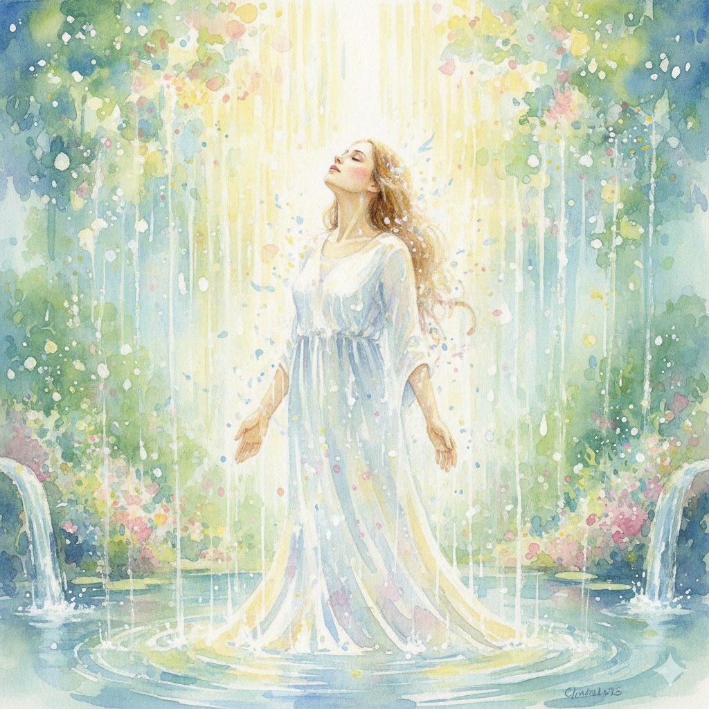 人間関係めんどくさいスピリチュアル。清らかな光が心身を癒す神秘的な水彩画。