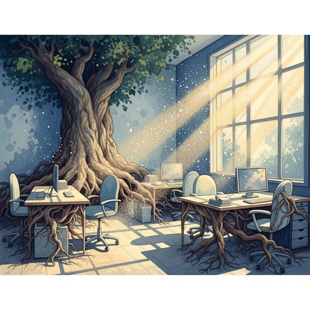 濡れ衣を着せられるスピリチュアルな意味を職場の風景で描いたモネ風水彩画。日常的なオフィスが神秘的な空間に変容する様子は、出来事の裏に隠された魂の学びを示唆しています。