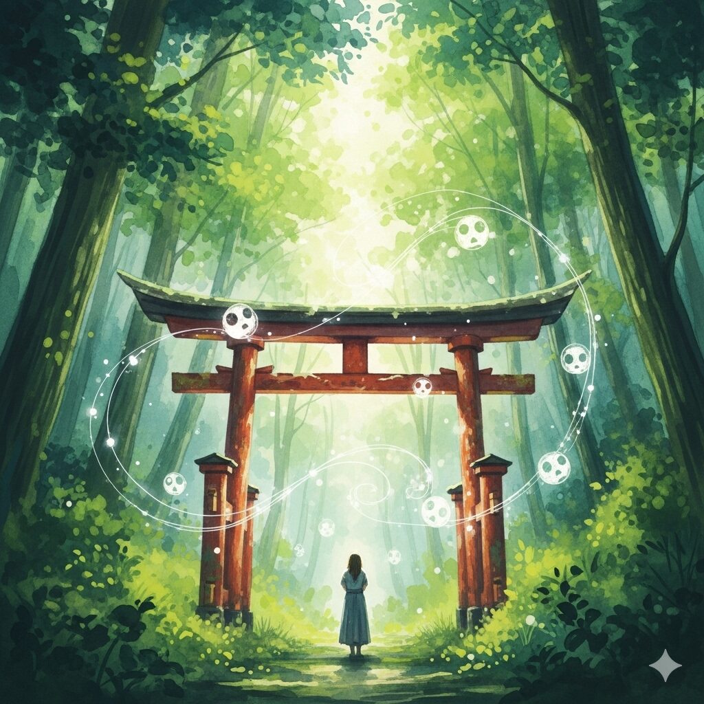 濡れ衣を着せられるスピリチュアルな苦しみを浄化するため、神社へ参拝する様子をモネ風水彩画で表現。神聖な鳥居の前で祈る姿に、神々の守護と魂の安らぎが感じられる一枚です。