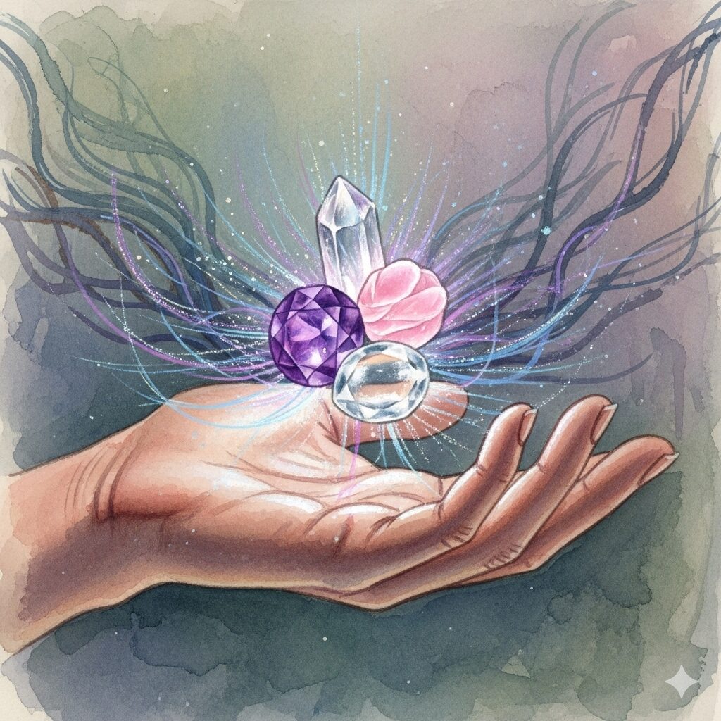 濡れ衣を着せられるスピリチュアルな状況から身を守るパワーストーンを描いたモネ風水彩画。アメジストなどが放つ優しい光のオーラが、ネガティブなエネルギーを払いのけてくれます。