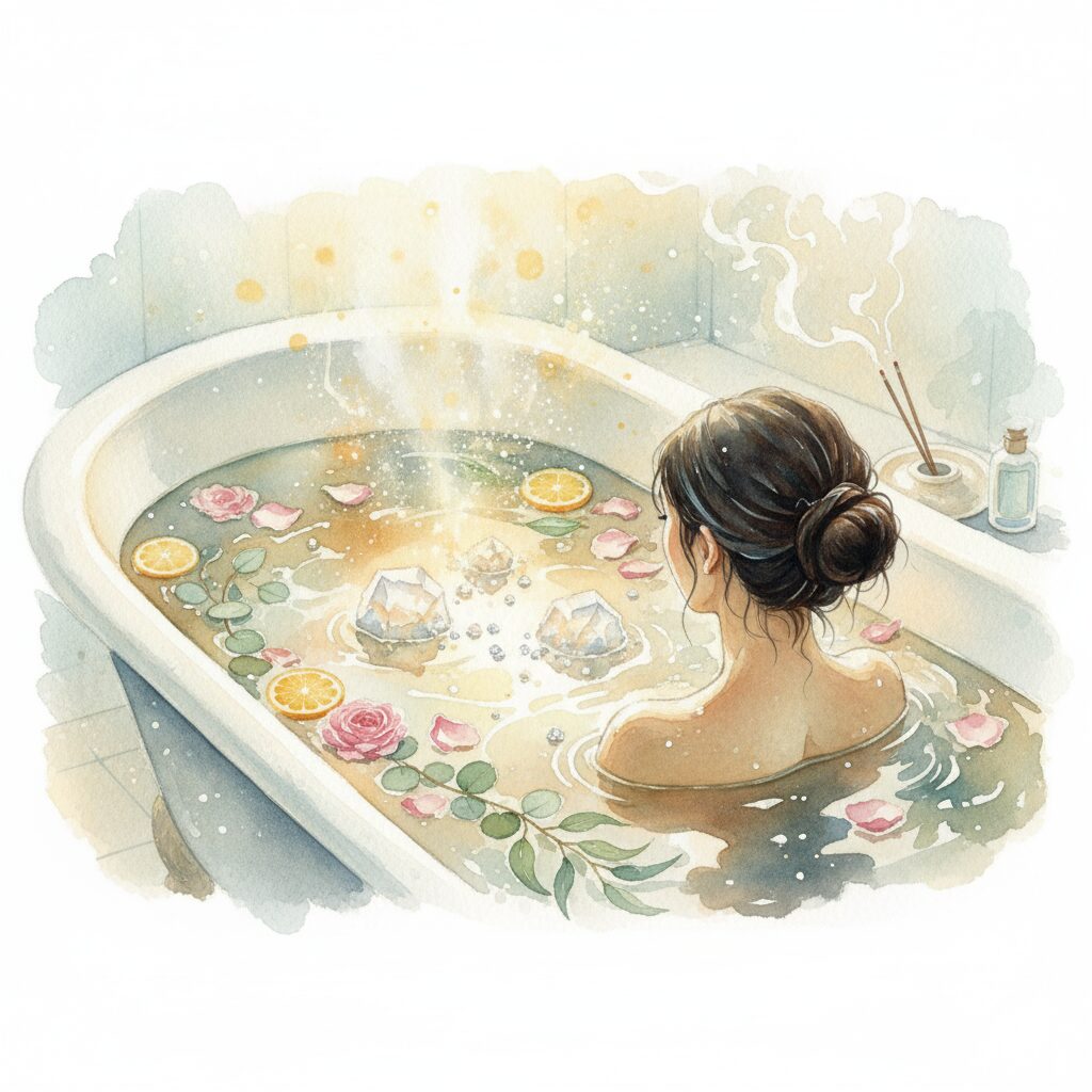 首の後ろが冷たいスピリチュアルな感覚。モネのような水彩画で、塩風呂での浄化とリラックスを描き、心身を癒す効果を表現。