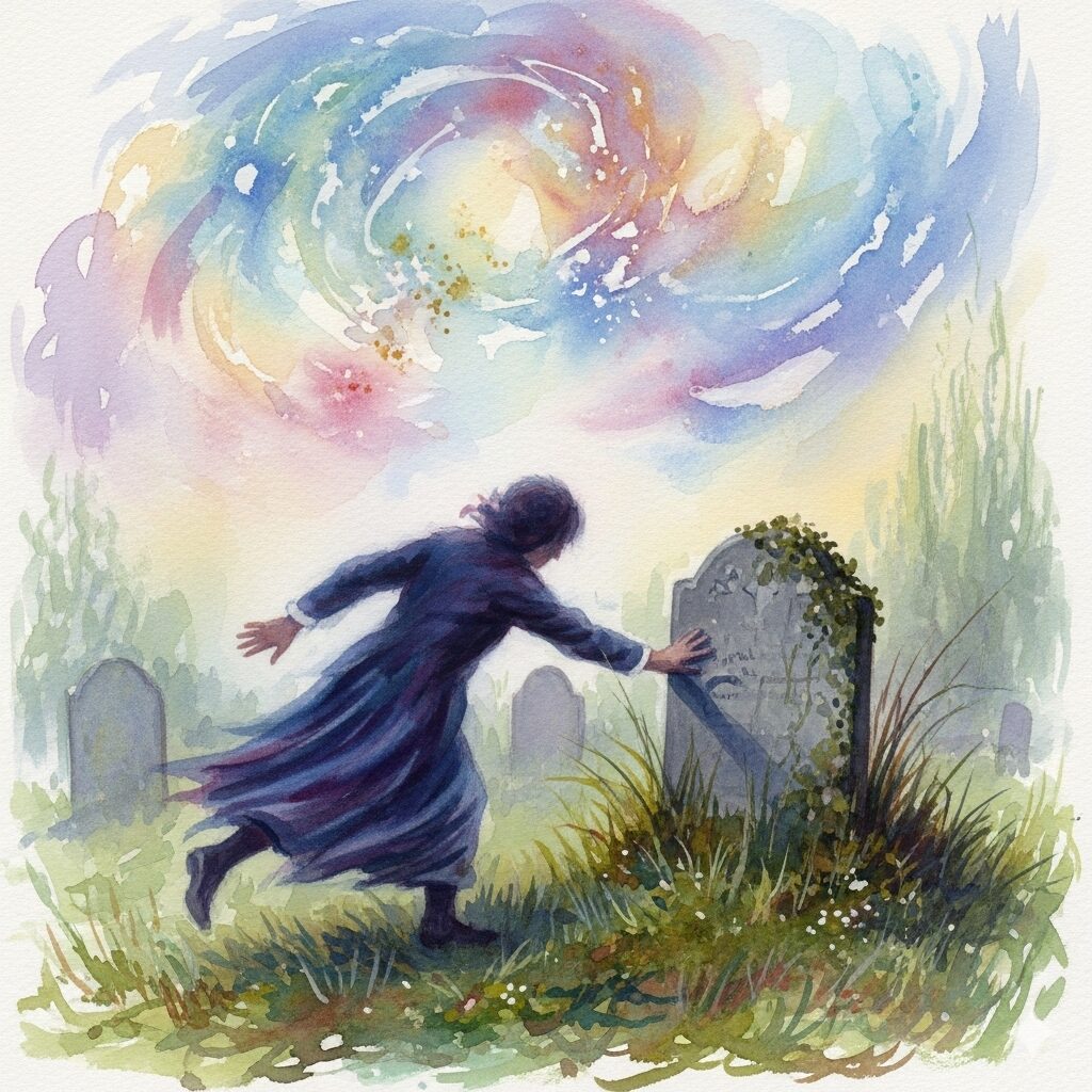 お墓で人物がつまずく瞬間の幻想的な水彩画。お墓で怪我のスピリチュアルな迷信について表現したアート。