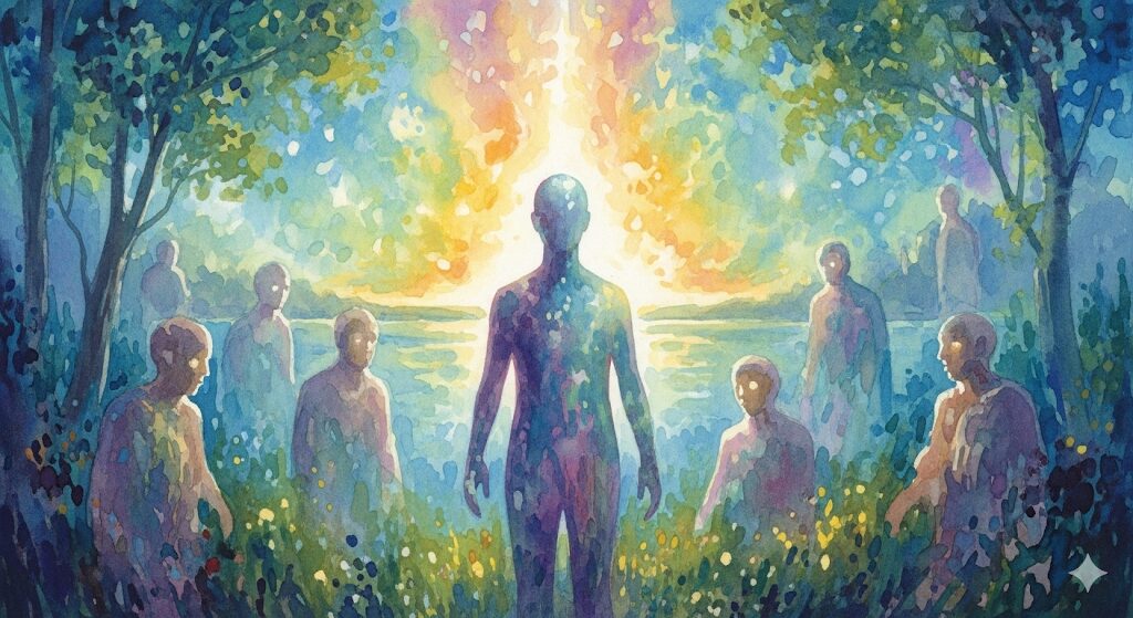 お墓で怪我 スピリチュアルな力でご先祖様との絆が深まる、神秘的で心温まる情景を描いた水彩画。
