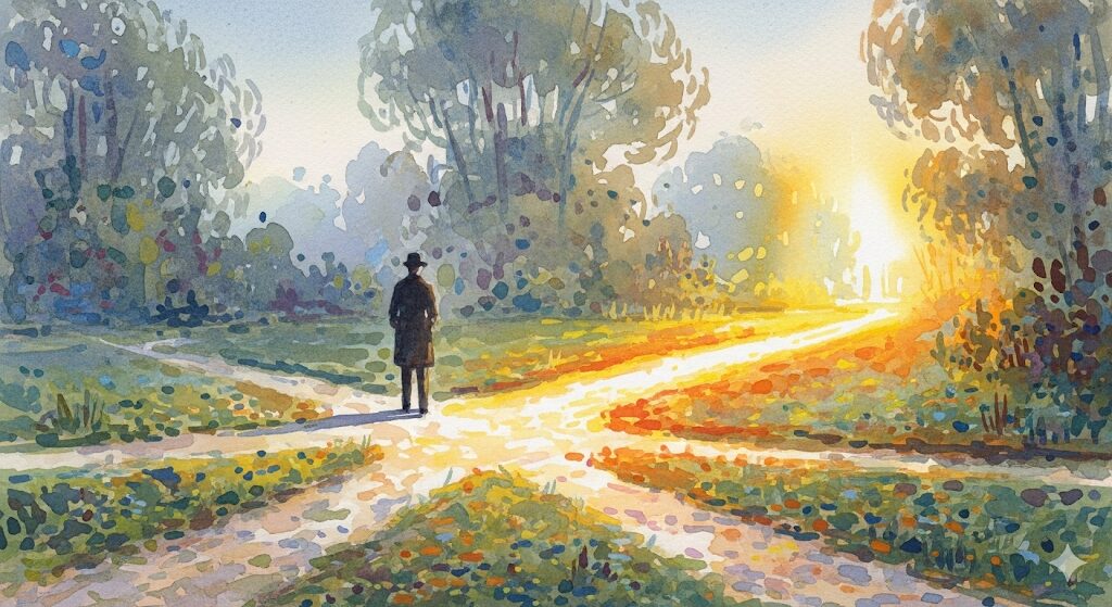 幸運な人生の転換期、光り輝く道を選ぶ人物の水彩画。「指輪を拾った スピリチュアル」な出来事が示す、未来へのポジティブな変化のイメージ。

