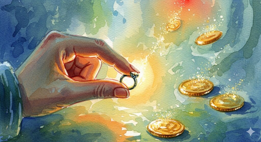  指輪から金貨が溢れ出すイメージの幻想的な水彩画。「指輪を拾った スピリチュアル」な意味の中でも、特に金運上昇のサインを表現した画像。