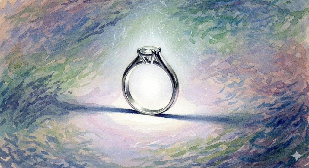 純粋な白い光を放つプラチナリングの神秘的な水彩画。「指輪を拾った スピリチュアル」なメッセージの中でも、プラチナが持つ特別な力を象徴。