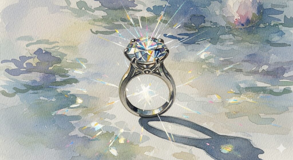 虹色の輝きを放つ宝石付き指輪の美しい水彩画。「指輪を拾った スピリチュアル」な意味合いで、宝石が持つ独自のメッセージを伝えるイメージ。
