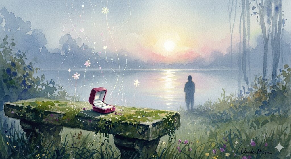 ペアリングをなくした情景を描く神秘的な水彩画。指輪を拾ったスピリチュアルな意味も含まれ、新しい縁を暗示する。