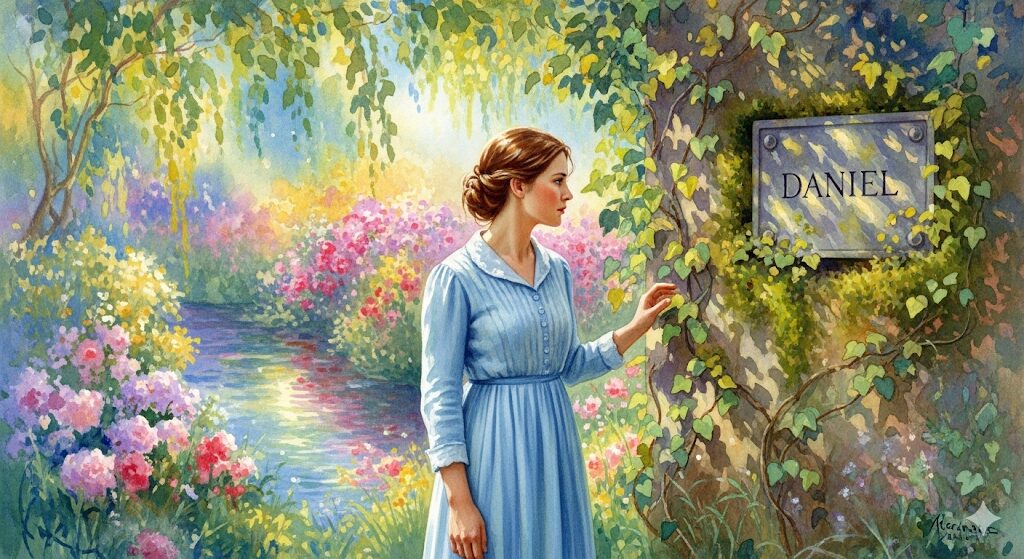 元彼と同じ名前の看板を見つめる女性のスピリチュアルな情景を描いた水彩画。モネ風のタッチで、過去の記憶と魂の気づきを表現しています。