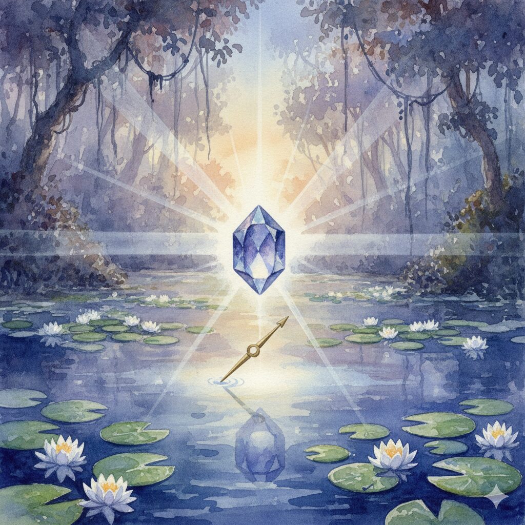 人生の羅針盤という石の持つ意味を表現した、神秘的な水彩画。アイオライトが指し示す方向性と、目標達成への導き。アイオライト 痩せる。
