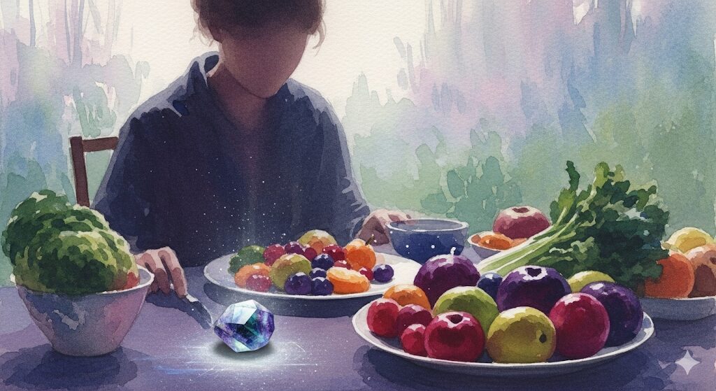 ダイエットにおけるアイオライトの間接的な効果を表現した神秘的な水彩画。食生活を意識する傍らで輝くアイオライト。アイオライト 痩せる。