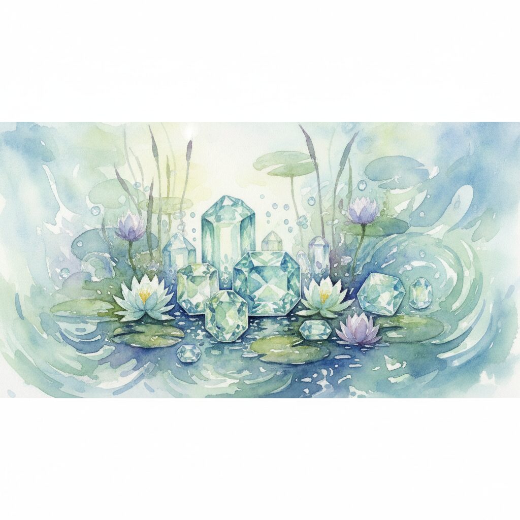 モネのような水彩画で描かれた、神秘的な水辺の風景。透明感のある水色と緑色の宝石アクアマリンが、睡蓮の花や水面に浮かぶ葉、水草の間で輝いている。柔らかな光が差し込み、全体的に幻想的な雰囲気を醸し出している。