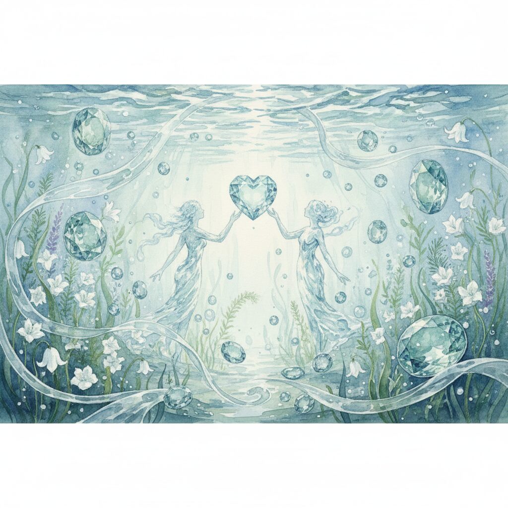 モネのような水彩画で描かれた、神秘的な水中の風景。二人の透明な水の精のような女性が、ハート型のアクアマリンを中央で持ち合っている。周りには様々な形のアクアマリンの宝石が浮かび、水草や白い花が優しく揺れている。全体的に水色のグラデーションが美しく、平和と調和を感じさせる幻想的な雰囲気。