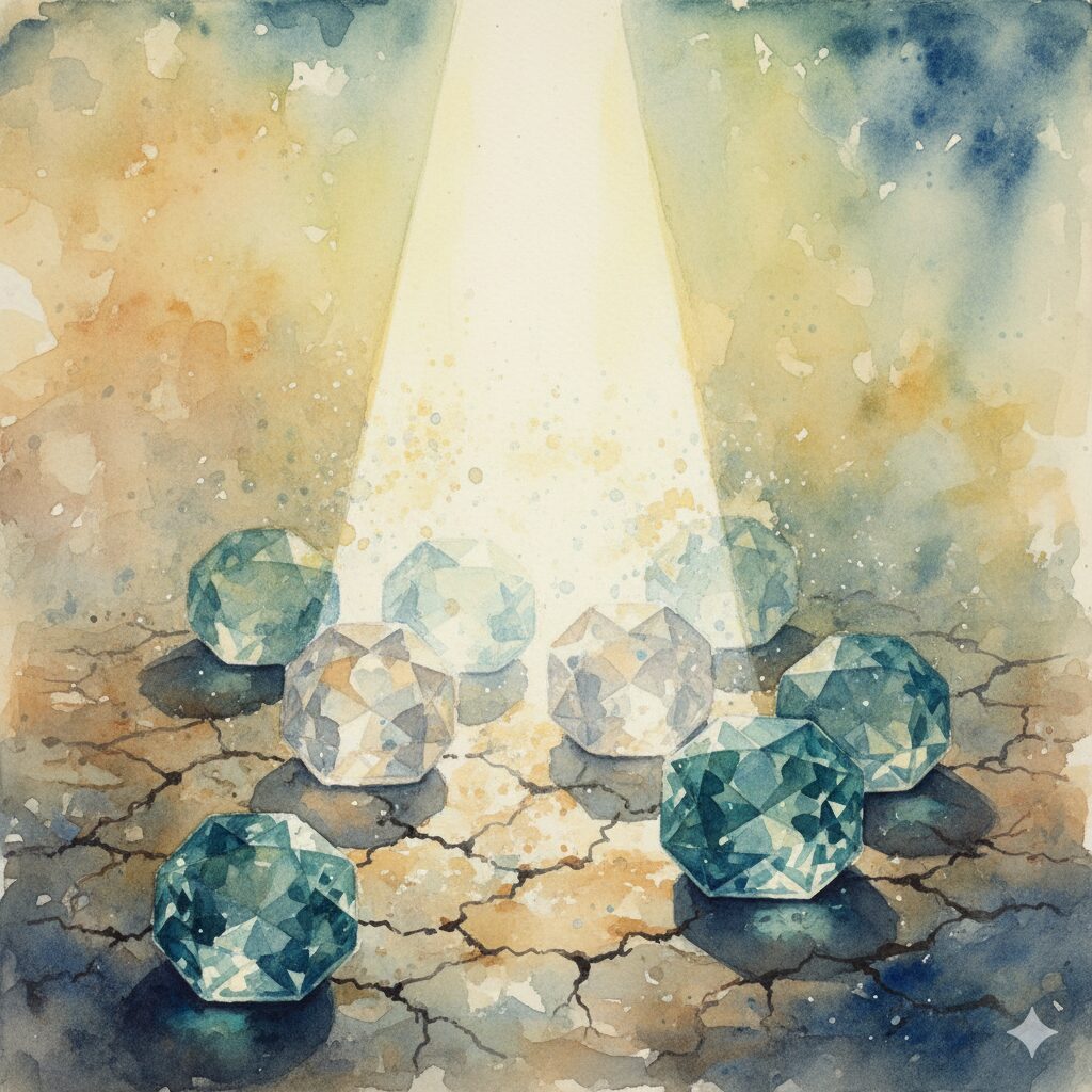 モネのような水彩画で描かれた、直射日光による退色を示唆する神秘的な風景。上部から差し込む強い光の帯が、乾いたひび割れた大地に置かれたアクアマリンの宝石群を照らしている。光の当たっている部分の宝石は色が薄く、透明に近い白に近づいているのに対し、光が当たっていない部分の宝石は深い青緑色を保っている。背景は暖色系の淡い色合いから、光が当たらない下部に向かって深い青色へと変化しており、時の経過や変化を感じさせる。