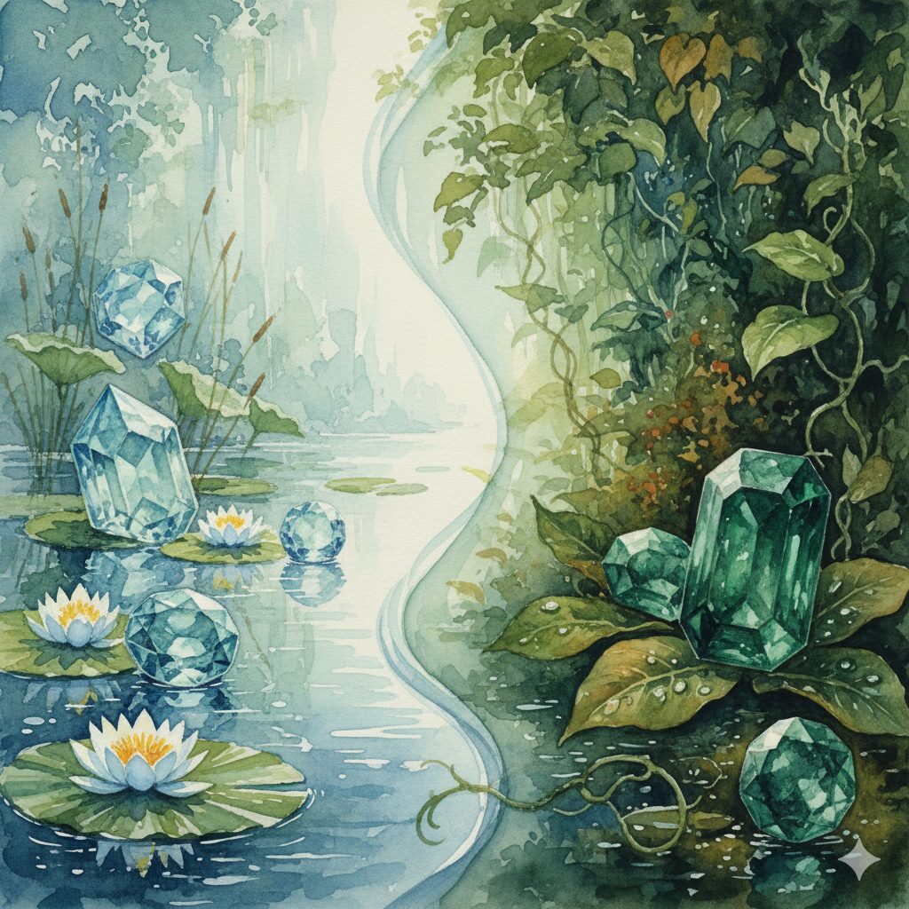モネのような水彩画で描かれた、アクアマリンとエメラルドの対比を示す神秘的な風景。画面は中央を流れる水のカーブによって左右に分かれている。左側は水辺の風景で、透き通った水色のアクアマリンの宝石が睡蓮の葉や花、水面に浮かんでいる。右側は鬱蒼とした森の風景で、深い緑色のエメラルドの宝石が植物の葉や蔓の間から見えている。それぞれの宝石の質感を際立たせつつ、水と緑という異なる自然の要素が調和している。