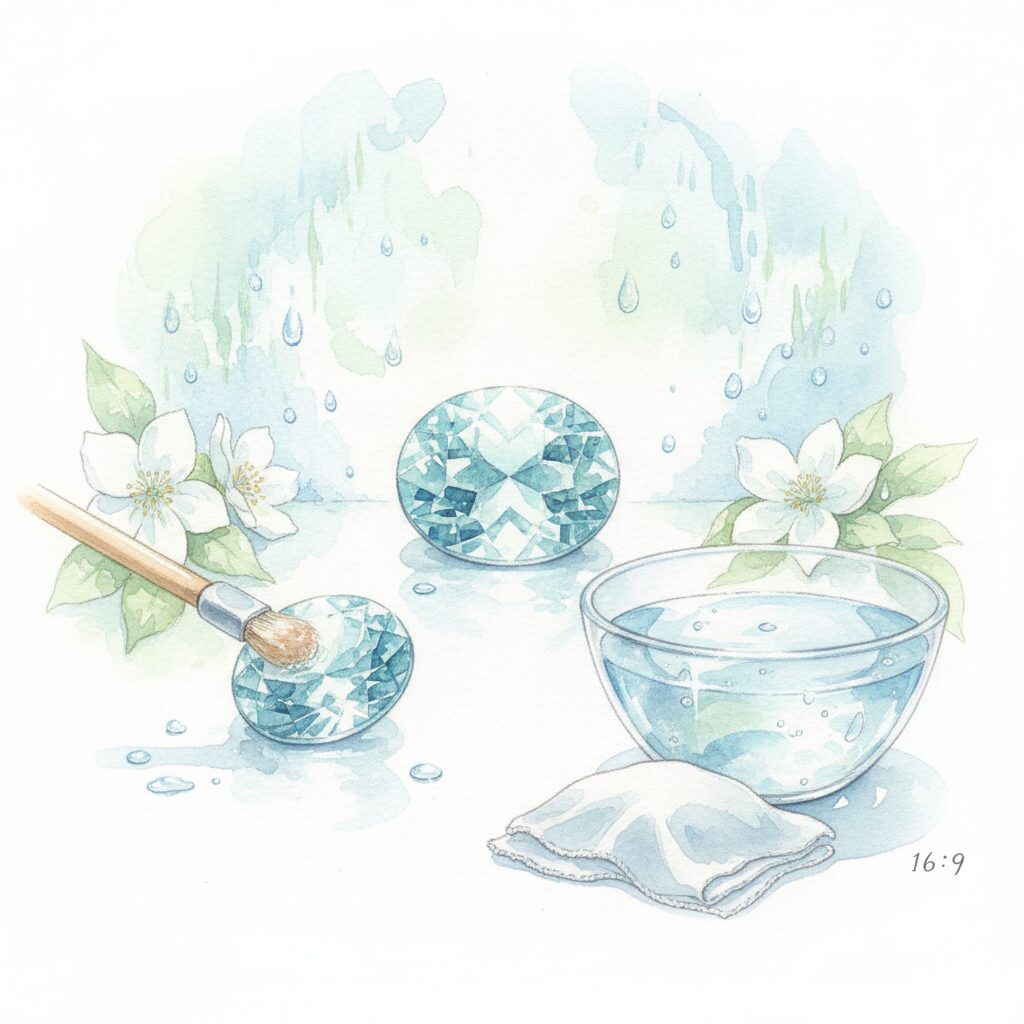 モネのような水彩画で描かれた、アクアマリンのお手入れ風景。中心には美しくカットされたアクアマリンの宝石が置かれ、その手前では柔らかいブラシが別のアクアマリンを優しく磨いている。右側には水が入ったガラスのボウルと白い布が準備されている。背景には水滴が滴るような表現があり、全体的に清潔感と清らかさを感じさせる、淡い色調の絵画。