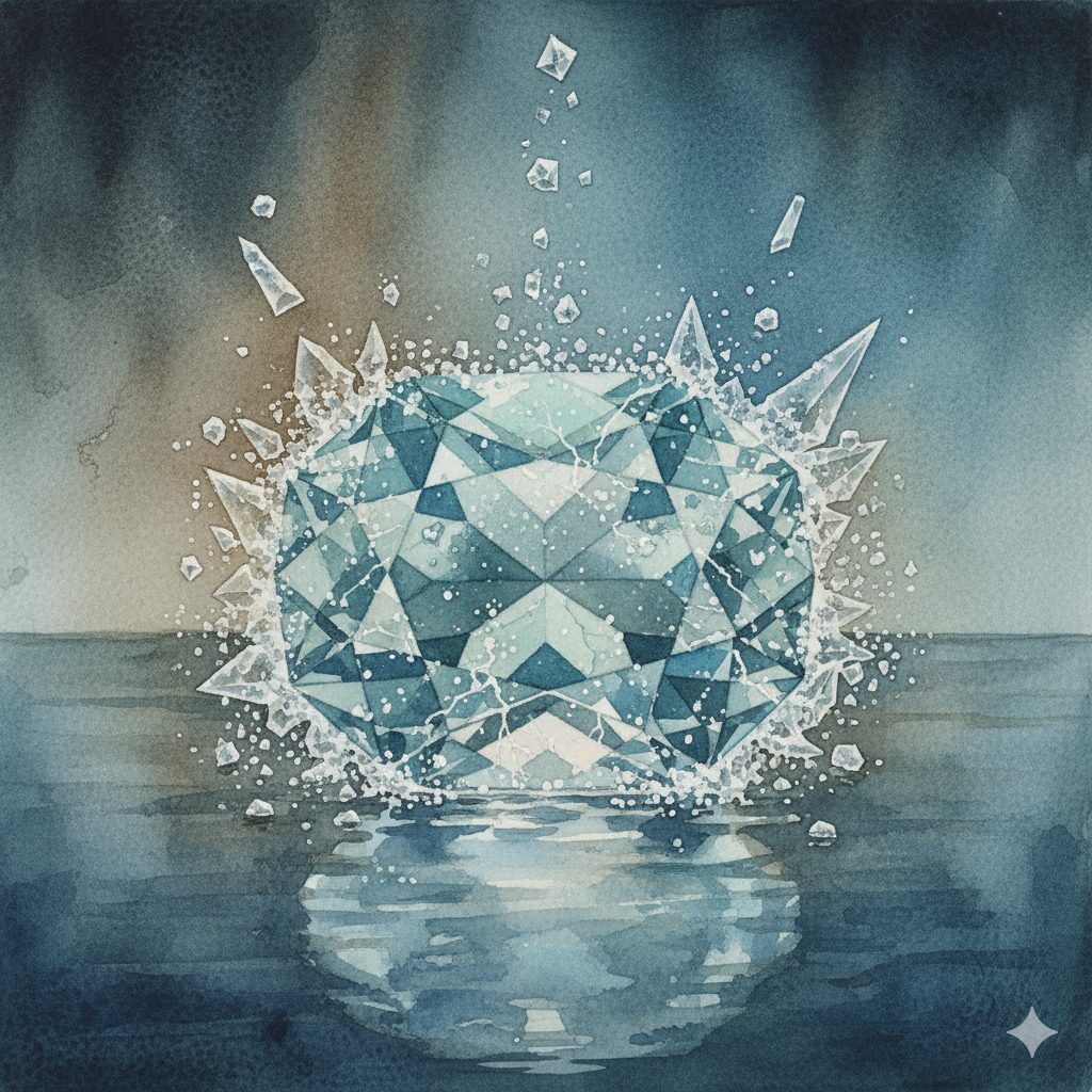 モネのような水彩画で描かれた、塩によるダメージを示唆するアクアマリンの神秘的な光景。暗い背景の中央に、大きくカットされたアクアマリンの宝石が置かれ、その表面から無数の結晶状の破片や塩の粒が飛び散っている。宝石の下の水面には破片が散らばり、反射が揺らいでいる。全体的に冷たく、少し荒々しい雰囲気で、宝石が受けるダメージを表現している。