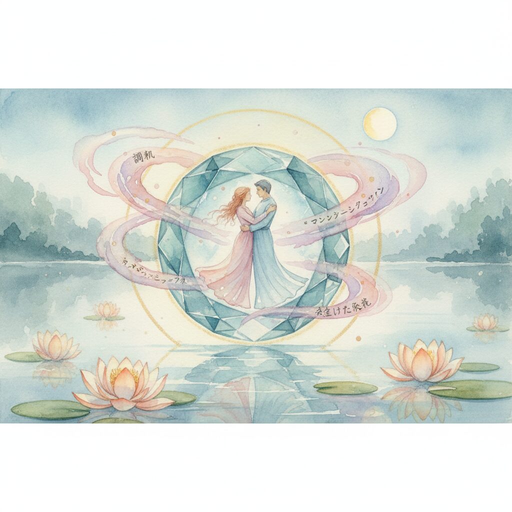 アクアマリンが「幸せな結婚」の象徴である理由を表現した、神秘的なモネ風水彩画。輝くアクアマリンの中に、永遠の愛を誓うように寄り添う二人の姿が描かれ、穏やかで調和のとれた結婚生活を象徴しています。