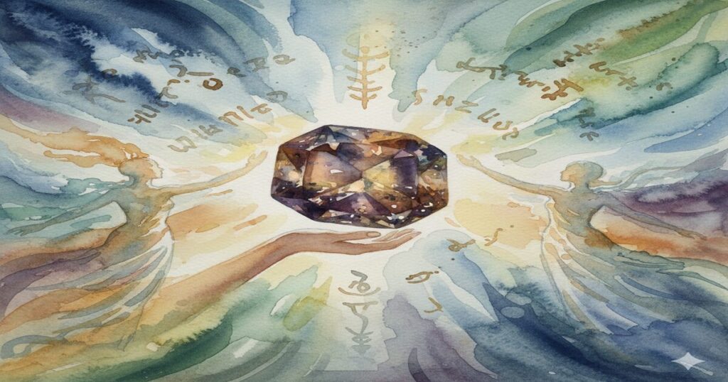 モネ風の神秘的な水彩画で描かれたアキシナイトの石言葉。輝くアキシナイトを中心に、柔らかな光と象徴的なモチーフが幻想的に表現されています。