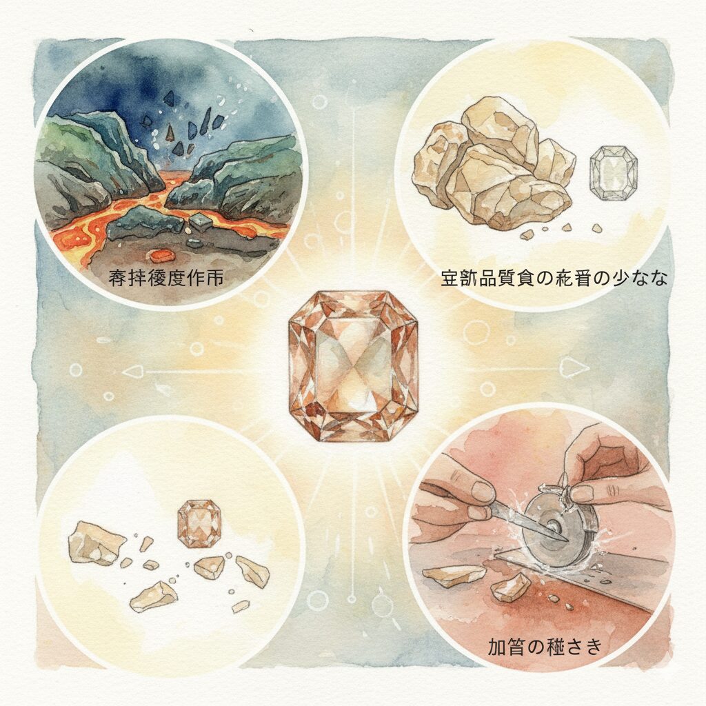 アキシナイトの石言葉とその希少性の高さを表現したモネ風水彩画。数多の石の中から選ばれたかのように、一つのアキシナイトが神秘的に輝く様子。