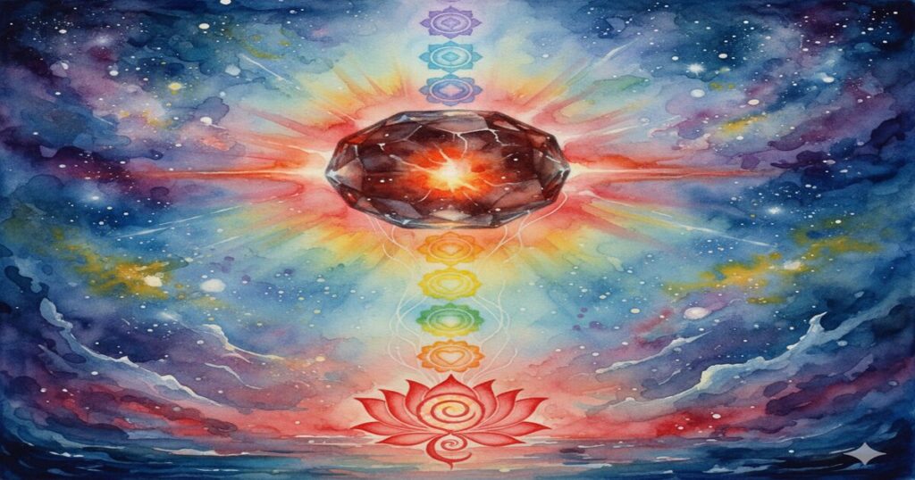 アグニマニタイトが輝き、人体のチャクラと宇宙的なエネルギーが水彩画で神秘的に繋がる様子。