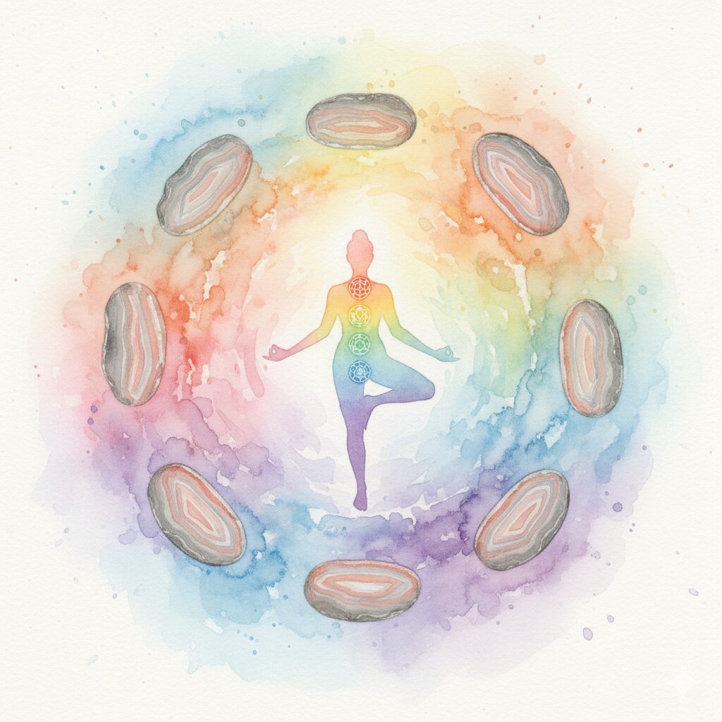 瞑想する人物とボツワナアゲートが心身のバランスを整える様子を描く水彩画。チャクラの調和。
