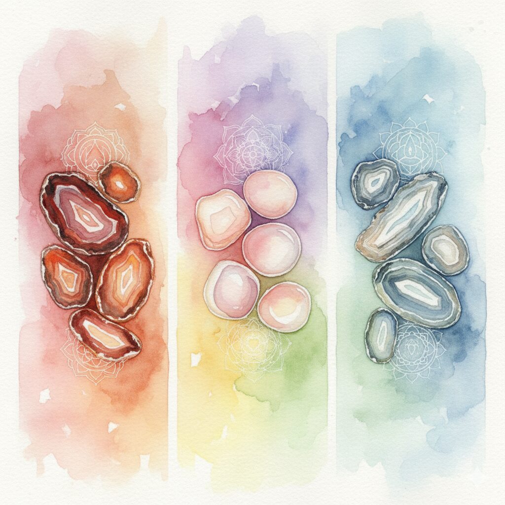 様々な色のボツワナアゲートとチャクラの対応を示す水彩画。それぞれの色が持つエネルギー特性を表現。