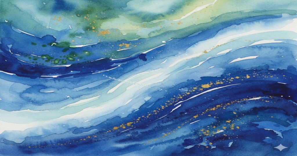 神秘的な水彩画で表現された、アズライトとラピスラズリの違いを解説する美しいイラスト。