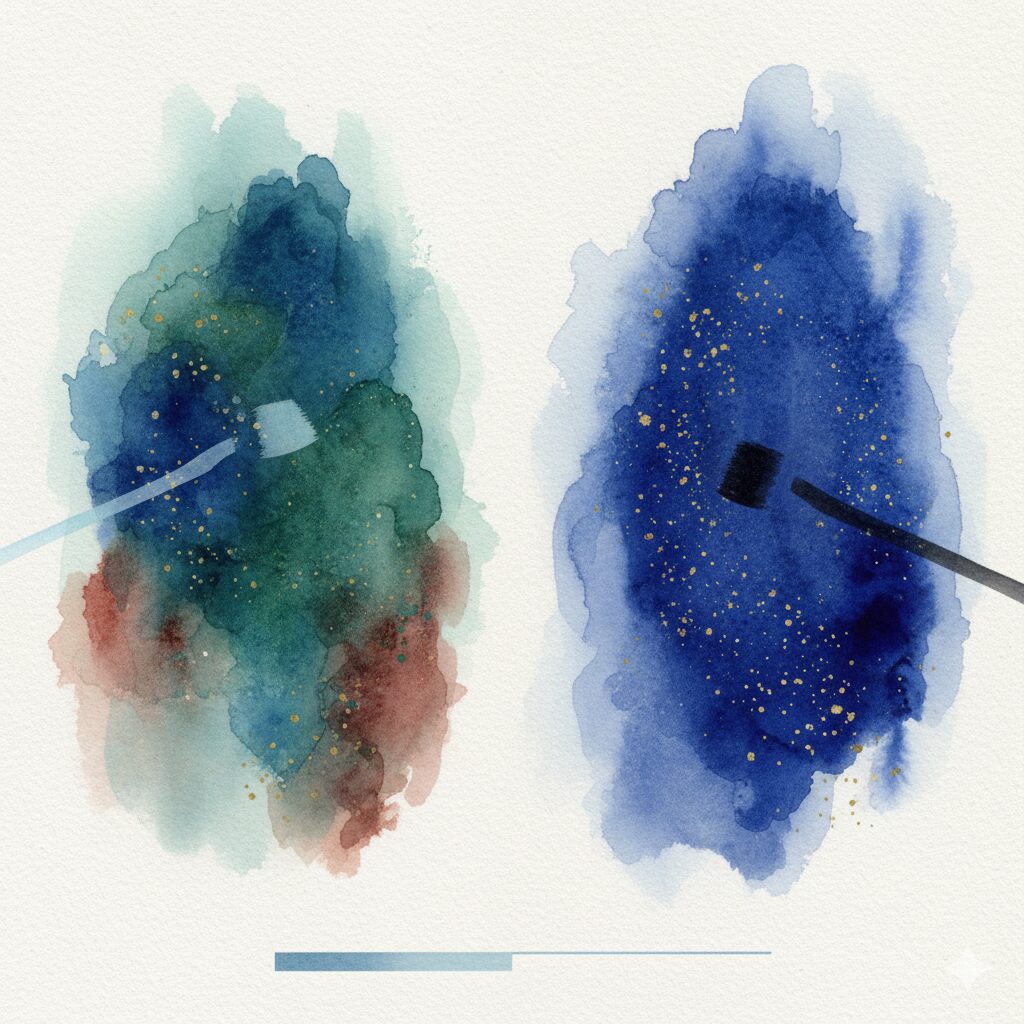 モース硬度で比較された、アズライトとラピスラズリの硬さを示す抽象的な水彩画。二つの石の違いが視覚的に表現されています。