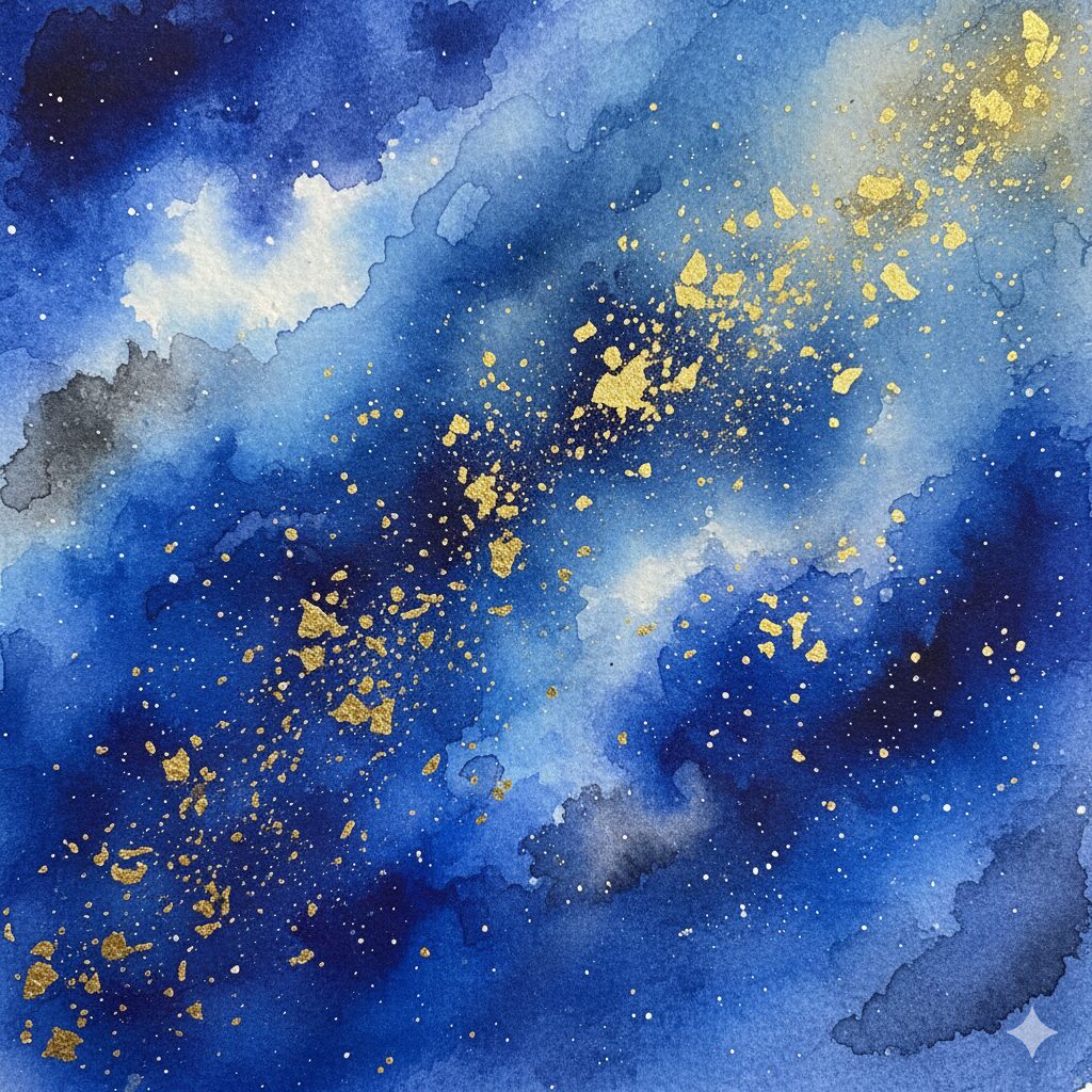 金色のパイライトの煌めきを内包するラピスラズリの神秘的な水彩画。アズライトとの違いを際立たせる特徴。