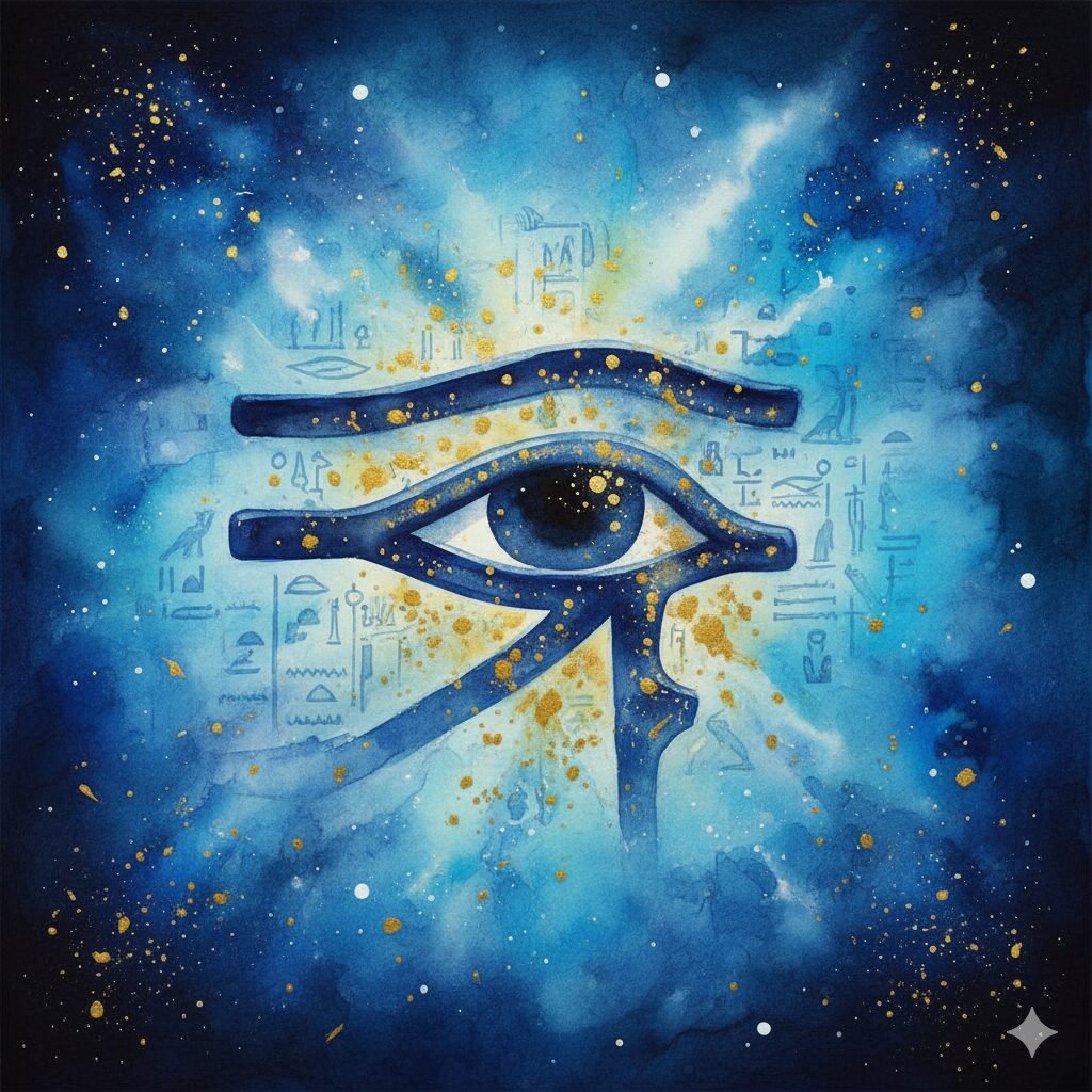古代エジプトで神聖視されたラピスラズリの神秘的な水彩画。アズライトとの違いや歴史的背景を想起させる。