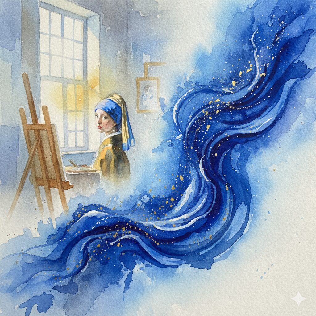 フェルメールが愛した鮮やかな青色を表現した神秘的な水彩画。アズライトとラピスラズリの違いを巡る美術史の物語。