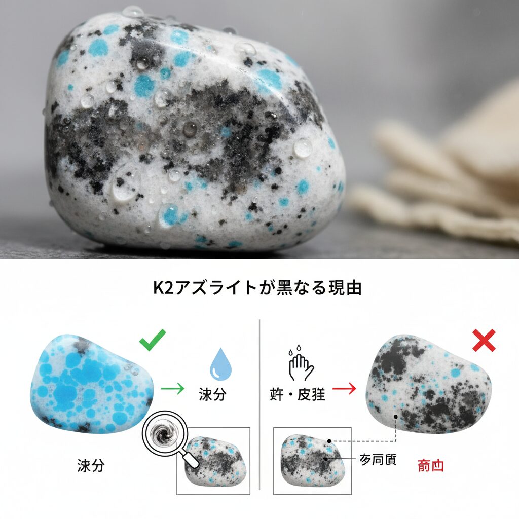 表面に水滴が付着したK2アズライトの原石と、水分や汗でk2アズライトが黒くなるメカニズムを図解したイラスト。