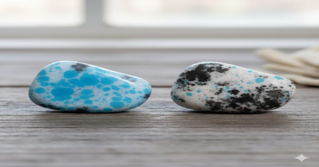 鮮やかな青と白のK2アズライトと、水分によりk2アズライトが黒くなる変化を比較する画像。