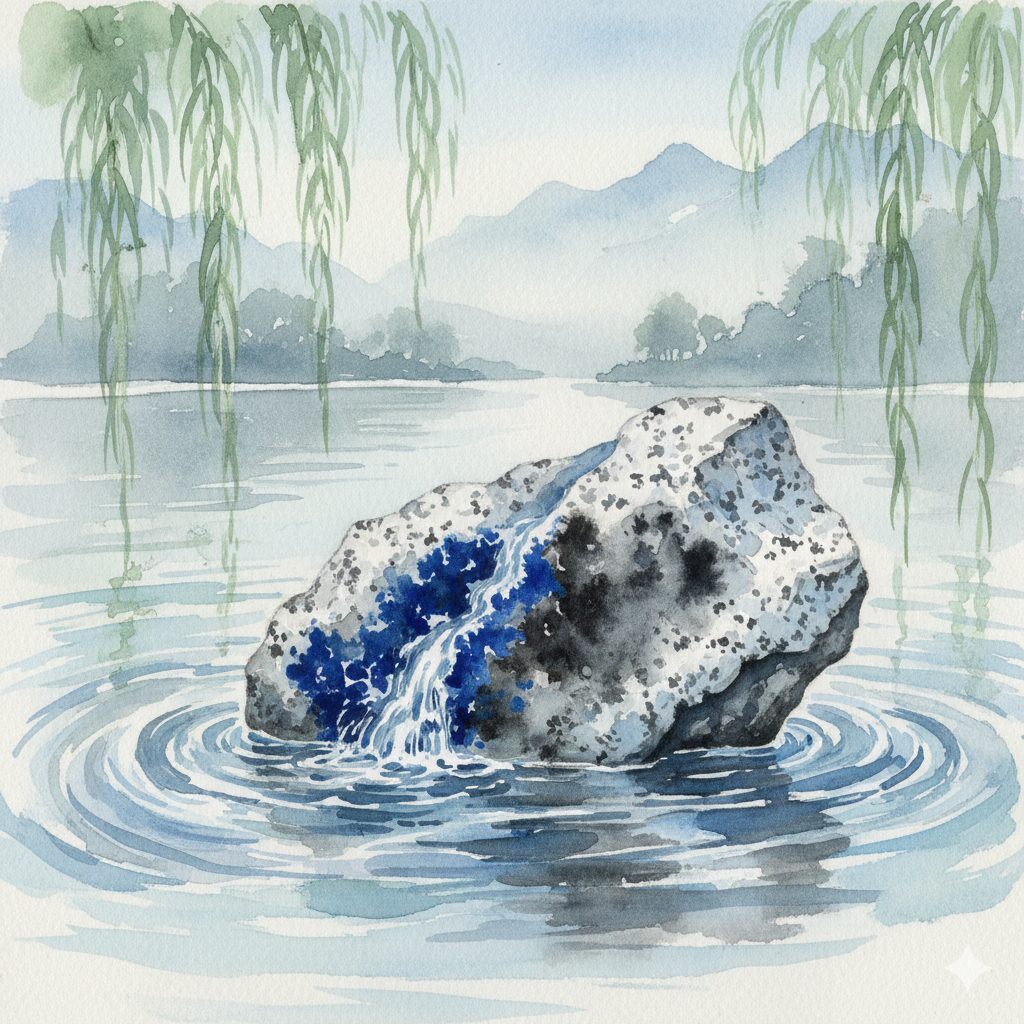 水に弱いk2アズライト：濡れて黒くなる様子をモネ風に描いたパワーストーンの絵画。