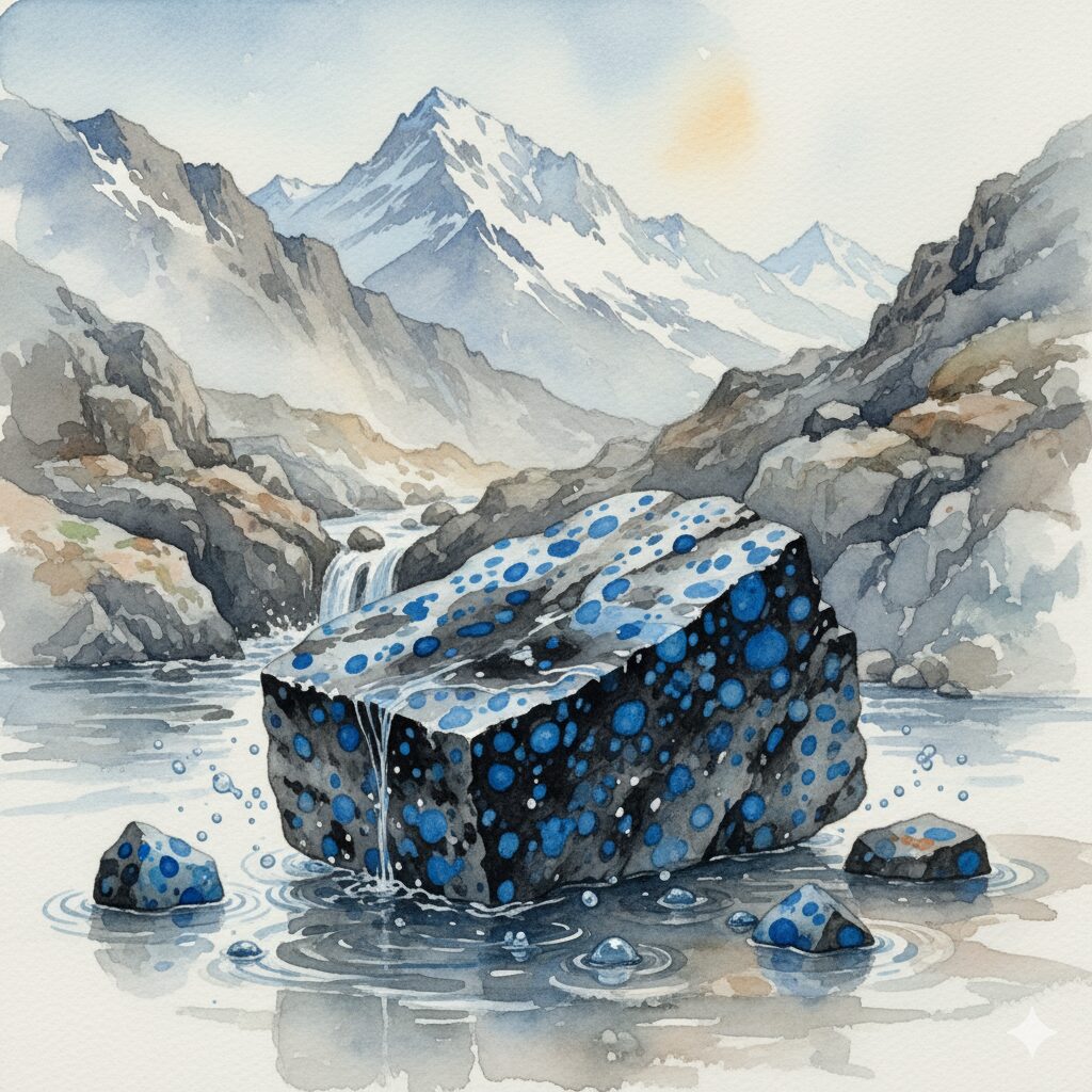 希少な産地のK2アズライト。特徴的な模様と、水に濡れて黒くなる前の美しい姿を描いた水彩画。