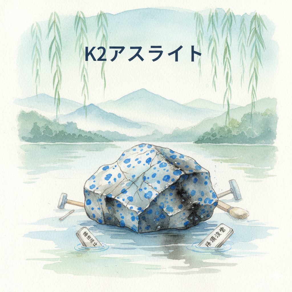 K2アズライトのモース硬度と取り扱い。水で黒くなる脆い性質を示す、注意喚起の水彩画。