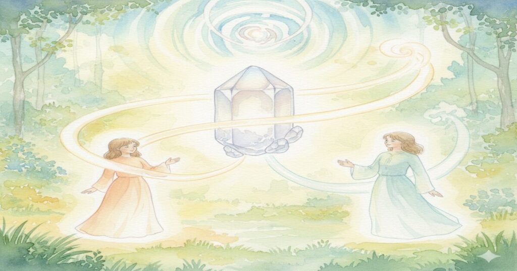 アゼツライトが人を選ぶ理由を象徴する水彩画。中央のアゼツライトの周りを二人の女性が囲み、石と人との神秘的なつながりや波動の共鳴が描かれています。豊かな自然の中でアゼツライトのエネルギーが広がる様子が、モネ風の柔らかなタッチで表現されています。アゼツライトが人を選ぶというテーマを視覚的に伝えています。