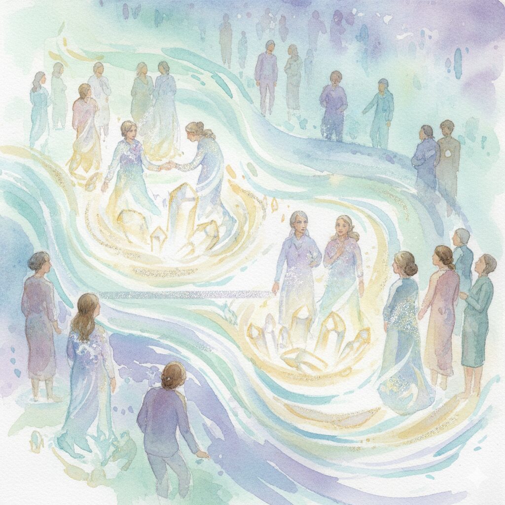 神秘的なアゼツライト 人を選ぶ理由とは？モネ風水彩で描かれた、魂の波動を感じる人々。