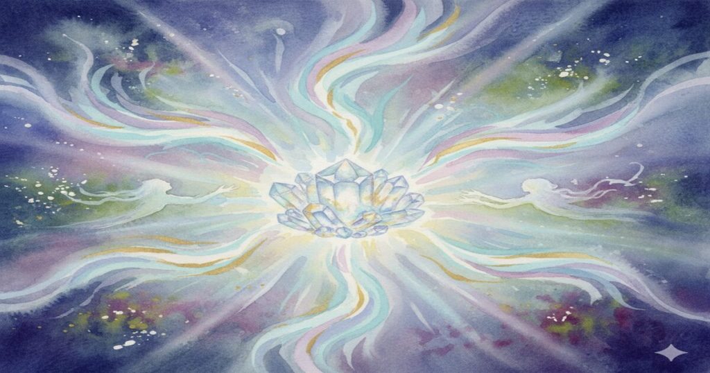 アゼツライトの輝きが霊感を高める神秘的な水彩画。モネ風の柔らかな色彩が特徴です。