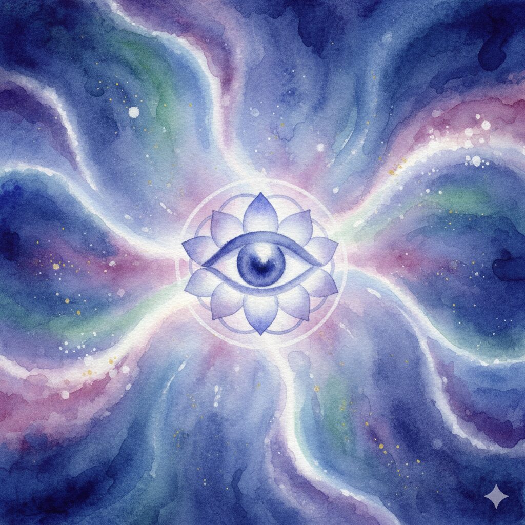 第三の目チャクラの開花を象徴する神秘的な水彩画。アゼツライトが霊感を刺激し、内なる視覚を目覚めさせます。