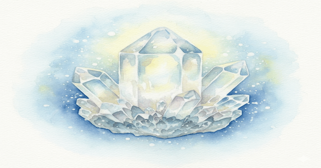 神秘的な水彩画で描かれた、透明感を増していくアゼツライトの結晶。光を反射し輝くアゼツライトが透明になる様子を表現。