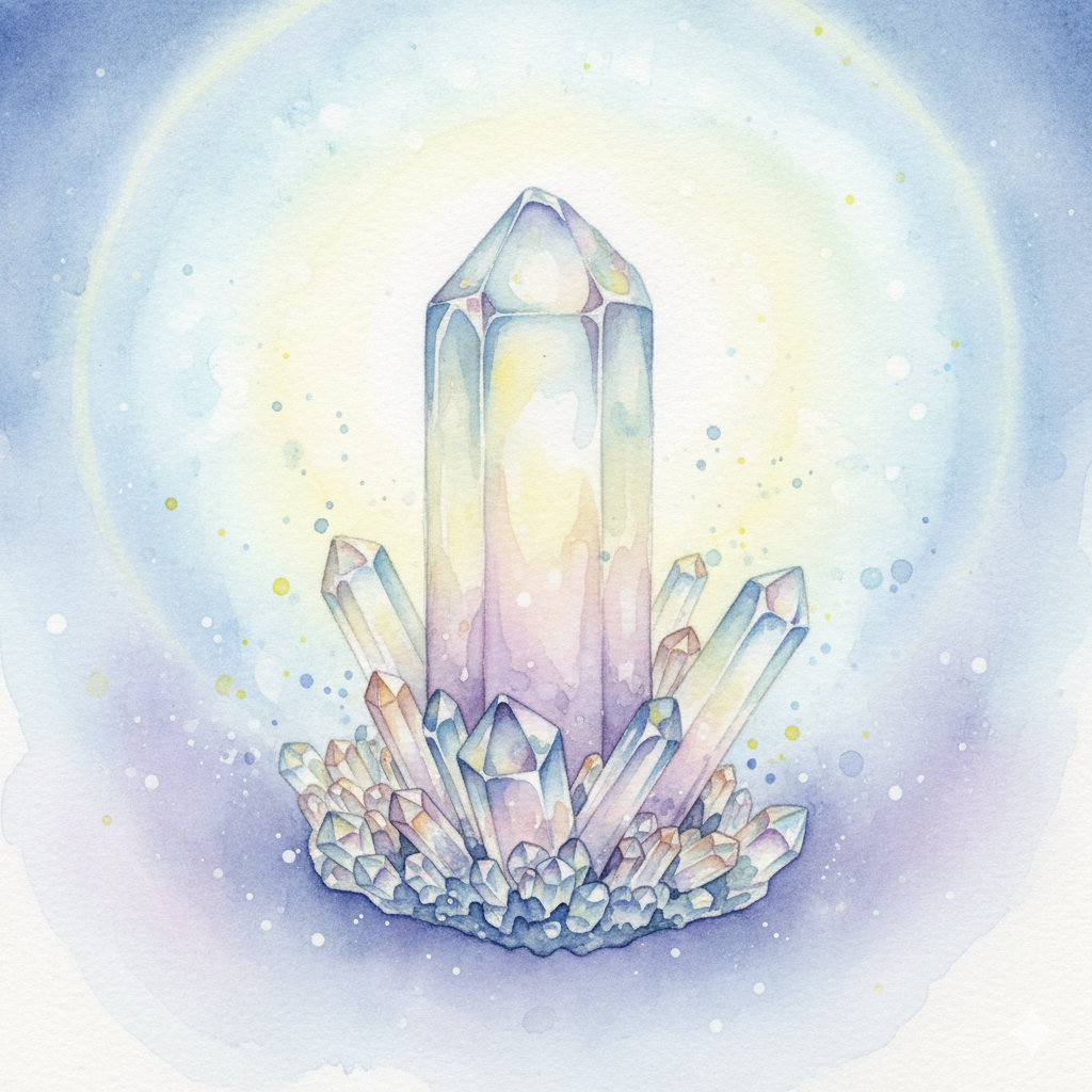 モネ風の水彩画で描かれた、輝くアゼツライトの神秘的な結晶群。アゼツライト 透明 になる可能性を秘めた美しい原石。
