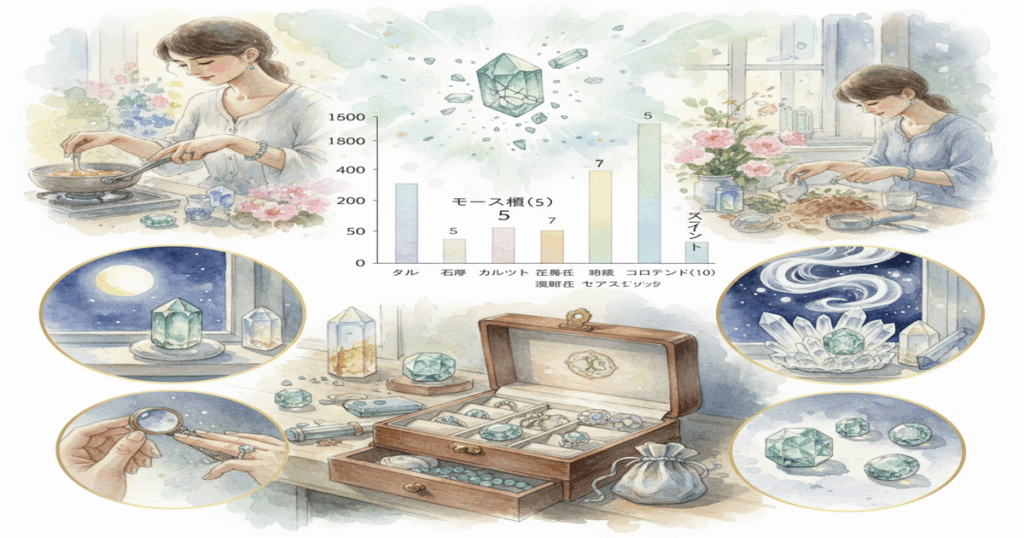 アパタイトは割れやすい性質を持つため、家事や衝撃、保管方法に注意が必要であることを示す水彩画。モース硬度のグラフも含む。