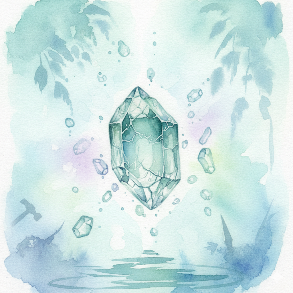 神秘的な水彩画のアパタイト。その美しさとは裏腹に、アパタイトは割れやすいデリケートな石であることを表現しています。日常使いでの衝撃や急な温度変化に注意が必要です。