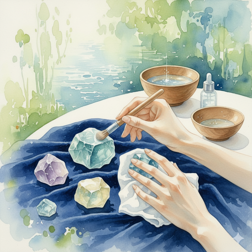 優しくアパタイトをクリーニングする手元を描いた水彩画。アパタイトは割れやすい特性があるため、柔らかい布やブラシで丁寧に汚れを拭き取り、優しく扱うことで輝きを保ちます。