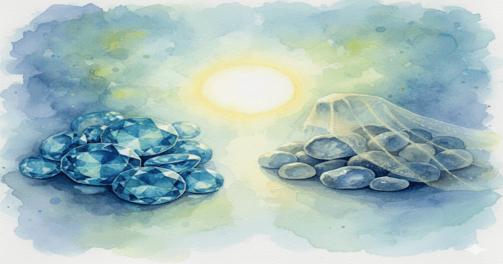 美しいアフガナイトと偽物を比較する神秘的なイメージ。アフガナイトの偽物問題に警鐘を鳴らし、本物を見分ける重要性を示唆するモネ風のイラスト。